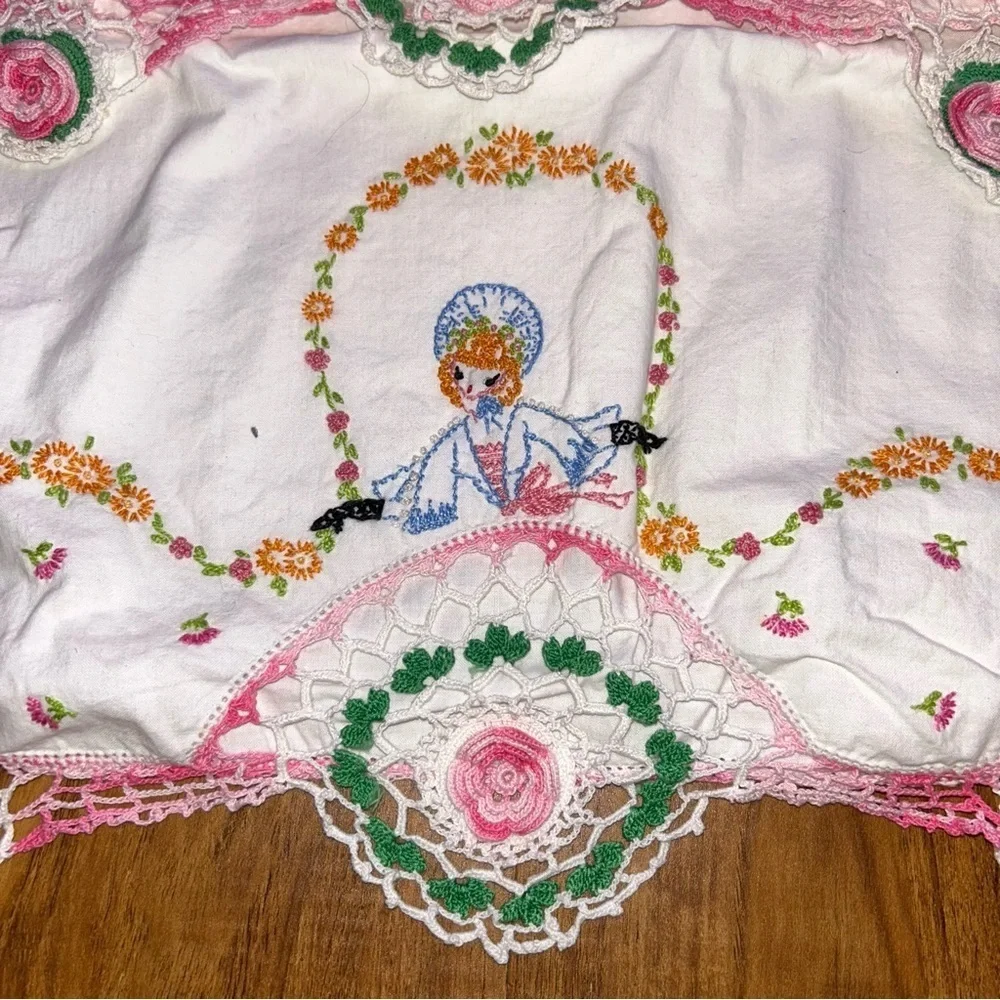 Embroidered Floral White Pillowcases Vintage hand detailed pair